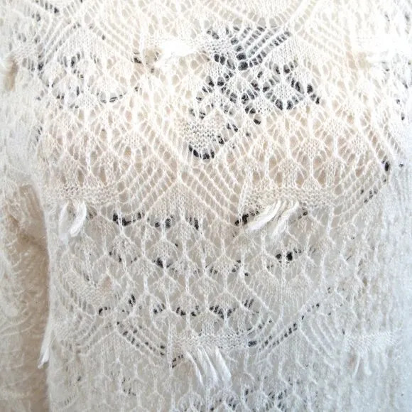 Zara Pointelle Open Knit Ivory Cream Wool Alpaca Round Neck Sweater Size Medium