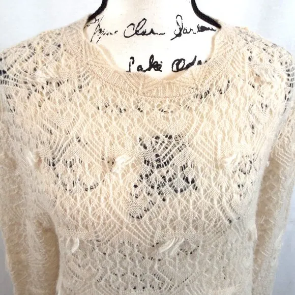 Zara Pointelle Open Knit Ivory Cream Wool Alpaca Round Neck Sweater Size Medium
