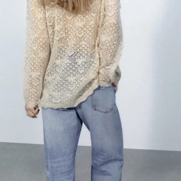 Zara Pointelle Open Knit Ivory Cream Wool Alpaca Round Neck Sweater Size Medium
