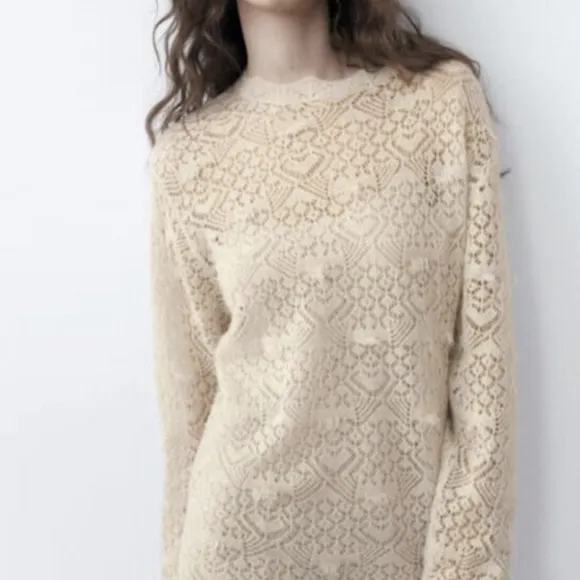 Zara Pointelle Open Knit Ivory Cream Wool Alpaca Round Neck Sweater Size Medium