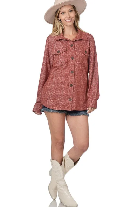 ZENANA Melange Knit Long Sleeve Shacket With Pockets