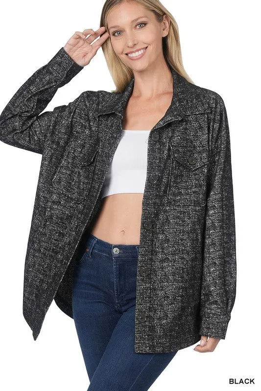 ZENANA Melange Knit Long Sleeve Shacket With Pockets
