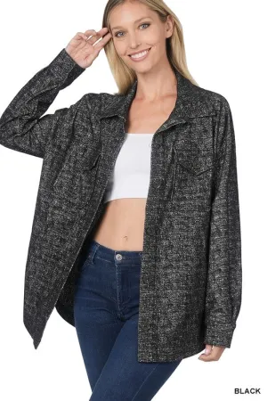 ZENANA Melange Knit Long Sleeve Shacket With Pockets